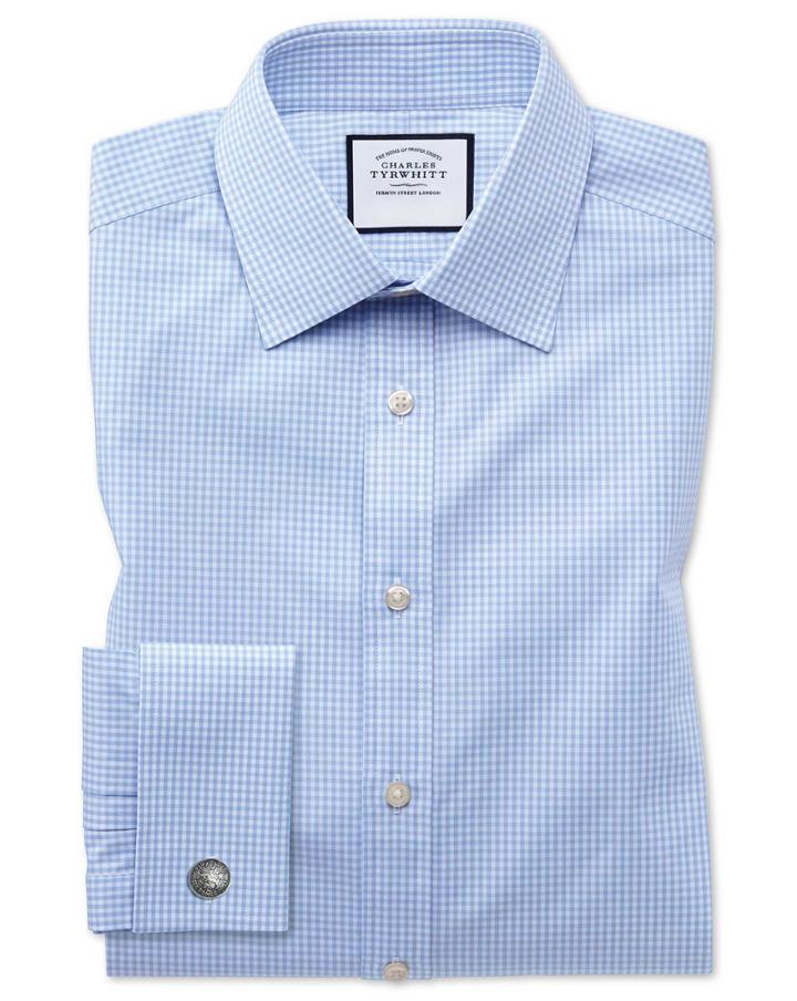  Slim Fit Light Sky Blue Small Gingham Cotton Dress Shirt Single Cuff Size 14.5/33 By Charles Tyrwhitt