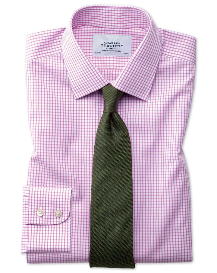  Classic Fit Non-iron Grid Check Pink Cotton Dress Shirt Single Cuff Size 15.5/33 By Charles Tyrwhitt