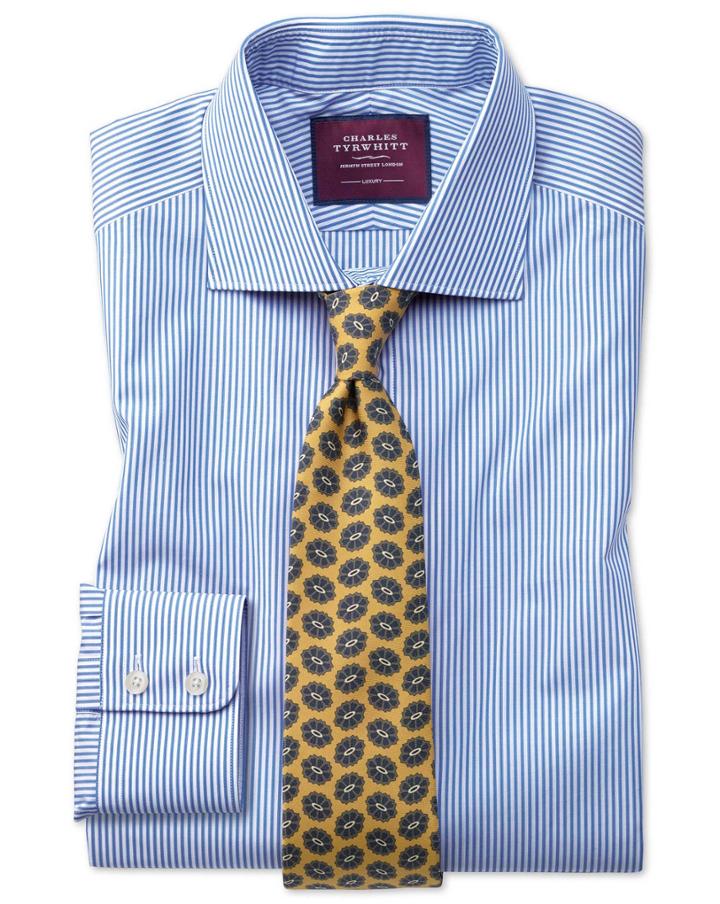  Slim Fit Blue Stripe Luxury Egyptian Cotton Dress Shirt Single Cuff Size 14.5/33 By Charles Tyrwhitt