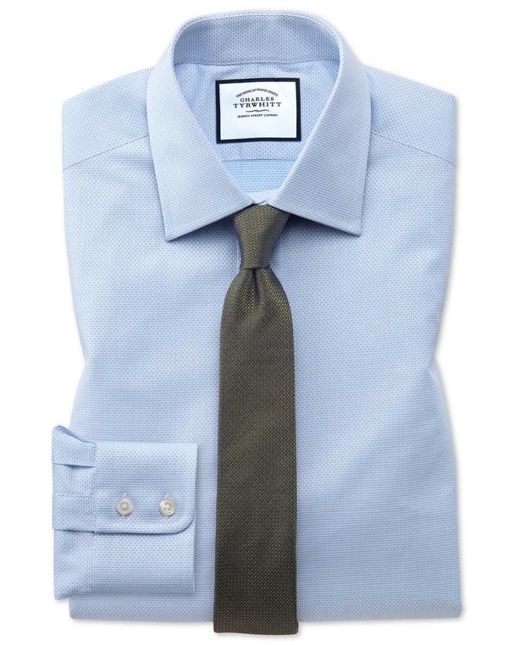  Extra Slim Fit Sky Blue Cube Weave Egyptian Cotton Dress Shirt Single Cuff Size 16/34 By Charles Tyrwhitt