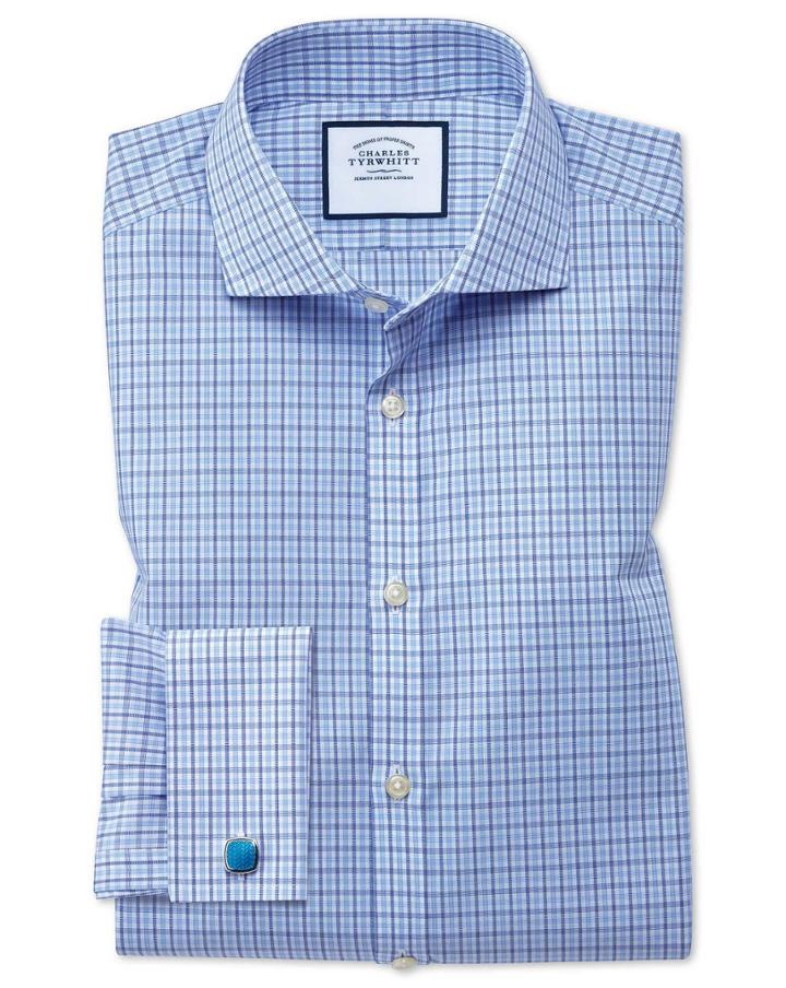 Charles Tyrwhitt Extra Slim Fit Non-iron Poplin Blue And Sky Blue Cotton Dress Shirt French Cuff Size 14.5/32 By Charles Tyrwhitt