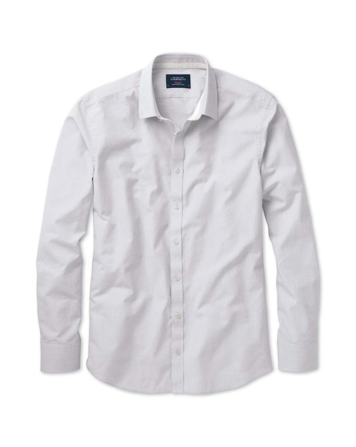 Charles Tyrwhitt Charles Tyrwhitt Slim Fit Silver Grey End-on-end Cotton Dress Shirt Size Small