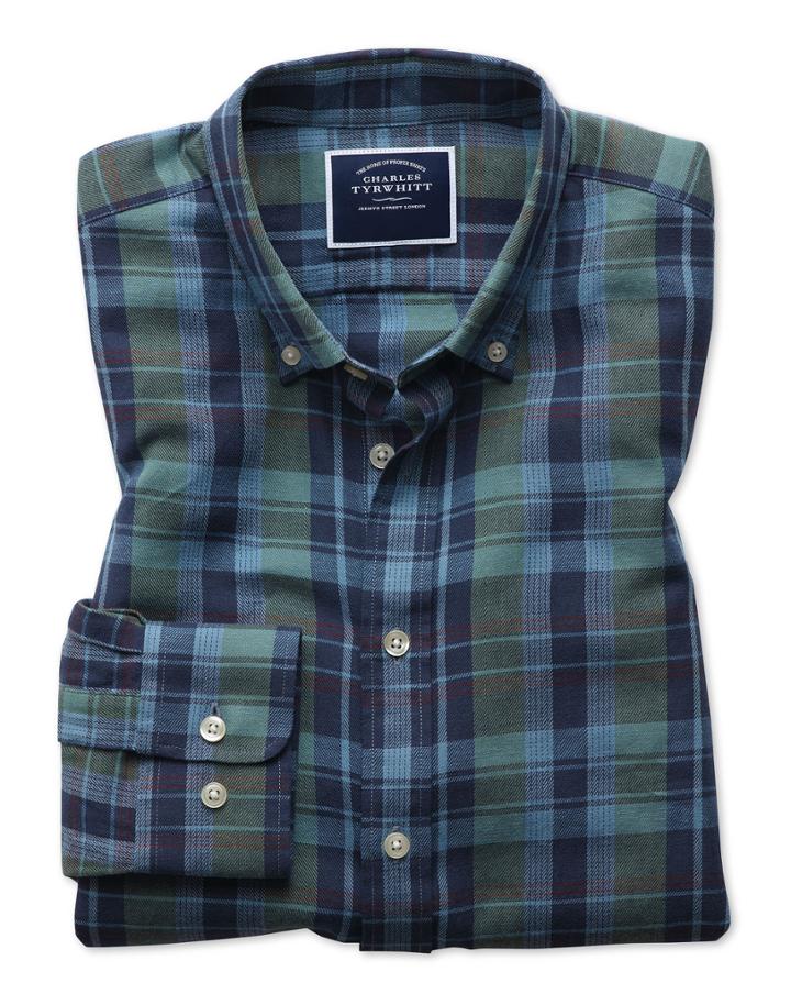  Classic Fit Navy And Green Check Cotton Linen Twill Casual Shirt Single Cuff Size Large By Charles Tyrwhitt