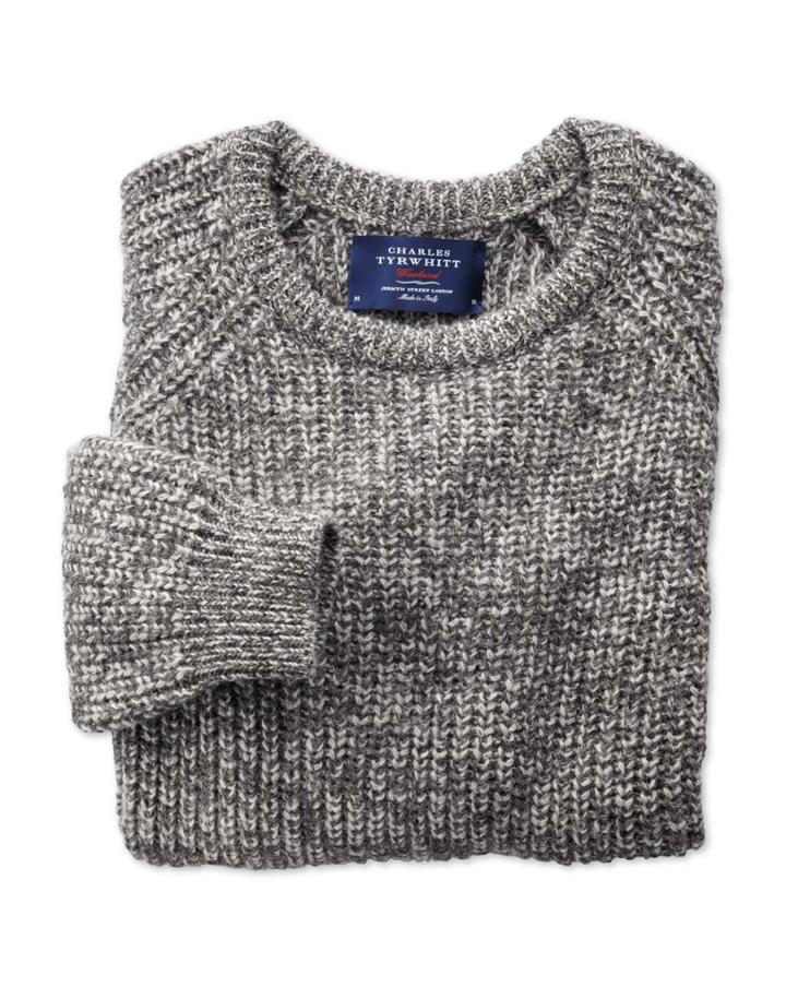 Charles Tyrwhitt Charles Tyrwhitt Grey Fisherman's Rib Shetland Crew Neck Wool Sweater Size Large