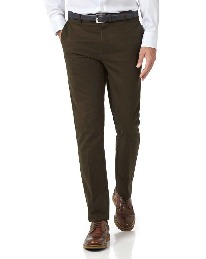 Charles Tyrwhitt Brown Extra Slim Fit Flat Front Non-iron Cotton Chino Pants Size W30 L32 By Charles Tyrwhitt