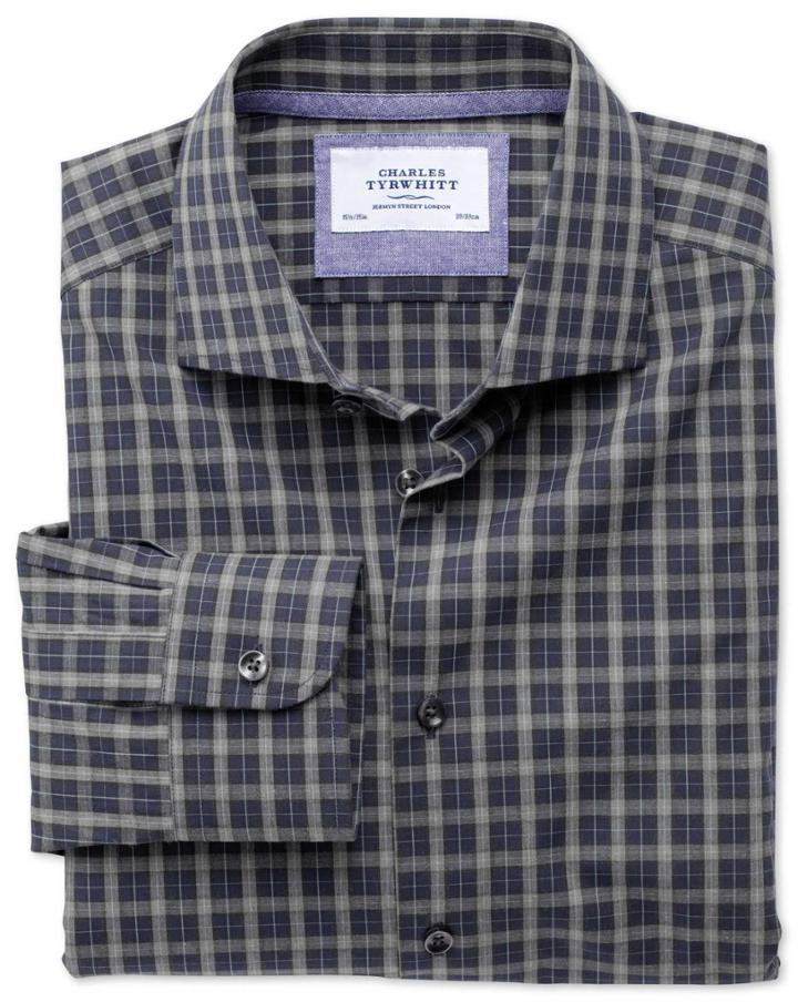 Charles Tyrwhitt Charles Tyrwhitt Extra Slim Fit Semi-spread Collar Business Casual Melange Navy And Grey Check Egyptian Cotton Dress Shirt Size 14.5/33