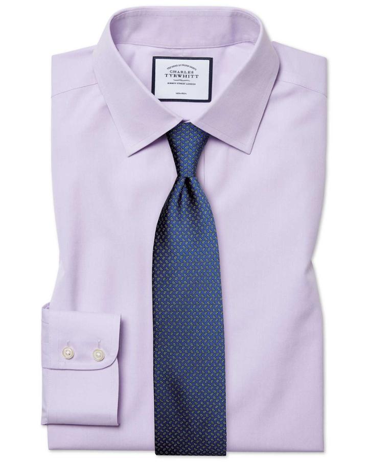  Classic Fit Non-iron Poplin Lilac Cotton Dress Shirt Single Cuff Size 15/34 By Charles Tyrwhitt