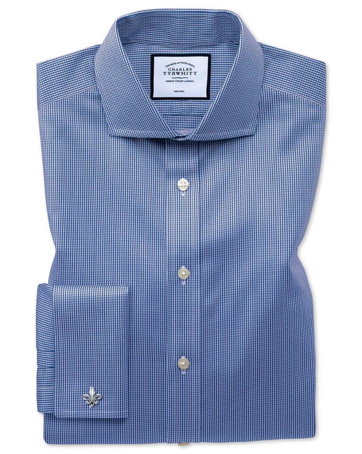  Slim Fit Non-iron Spread Collar Royal Blue Puppytooth Cotton Dress Shirt French Cuff Size 14.5/33 By Charles Tyrwhitt