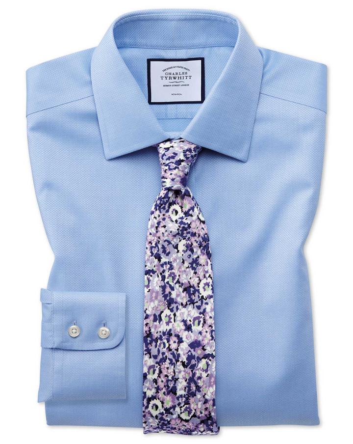  Slim Fit Non-iron Sky Blue Triangle Weave Cotton Dress Shirt Single Cuff Size 14.5/33 By Charles Tyrwhitt