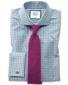 Extra Slim Fit Non-iron Twill Teal Gingham Cotton Dress Shirt French Cuff Size 14.5/33 By Charles Tyrwhitt