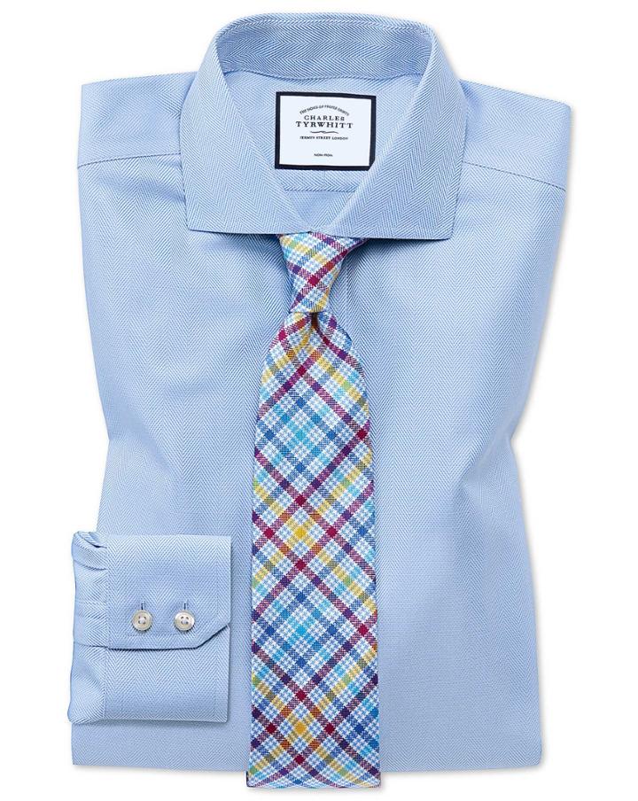  Slim Fit Non-iron Sky Blue Herringbone Cotton Dress Shirt Single Cuff Size 14.5/32 By Charles Tyrwhitt