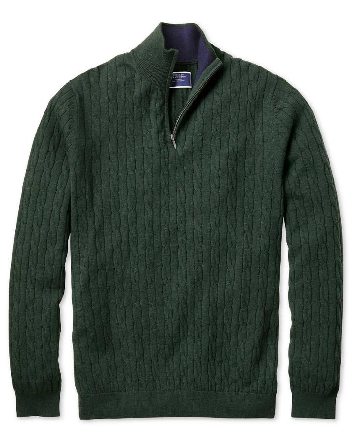  Green Zip Neck Lambswool Cable Knit Sweater Size Medium By Charles Tyrwhitt