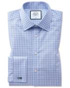  Classic Fit Non-iron Twill Gingham Sky Blue Cotton Dress Shirt Single Cuff Size 15/33 By Charles Tyrwhitt