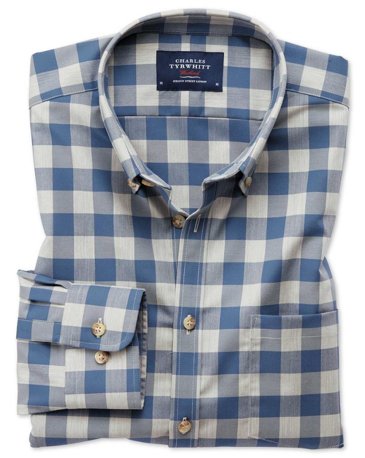 Charles Tyrwhitt Classic Fit Button-down Non-iron Twill Blue And Grey Check Cotton Casual Shirt Single Cuff Size Medium By Charles Tyrwhitt