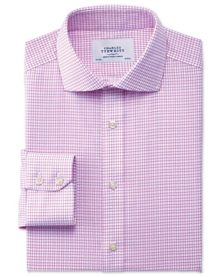 Charles Tyrwhitt Charles Tyrwhitt Slim Fit Spread Collar Non-iron Dobby Check Pink Cotton Dress Shirt Size 15.5/37