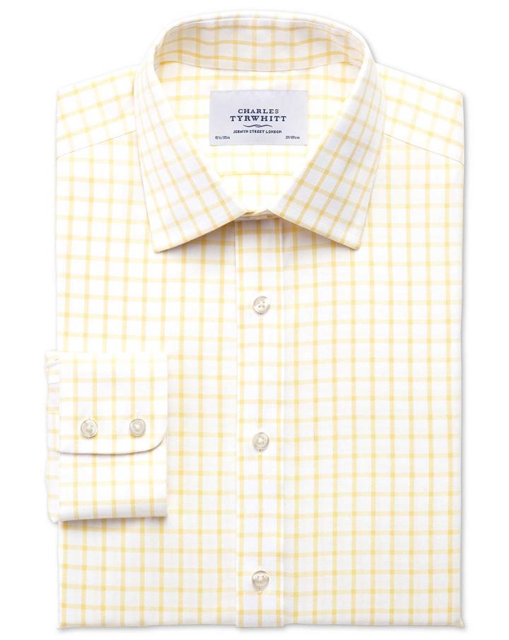 Charles Tyrwhitt Extra Slim Fit Non-iron Twill Grid Check Light Yellow Cotton Dress Shirt Single Cuff Size 16/35 By Charles Tyrwhitt