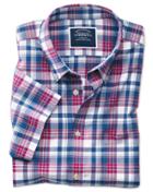 Charles Tyrwhitt Slim Fit Poplin Short Sleeve Pink And Navy Poplin Cotton Casual Shirt Single Cuff Size Medium By Charles Tyrwhitt