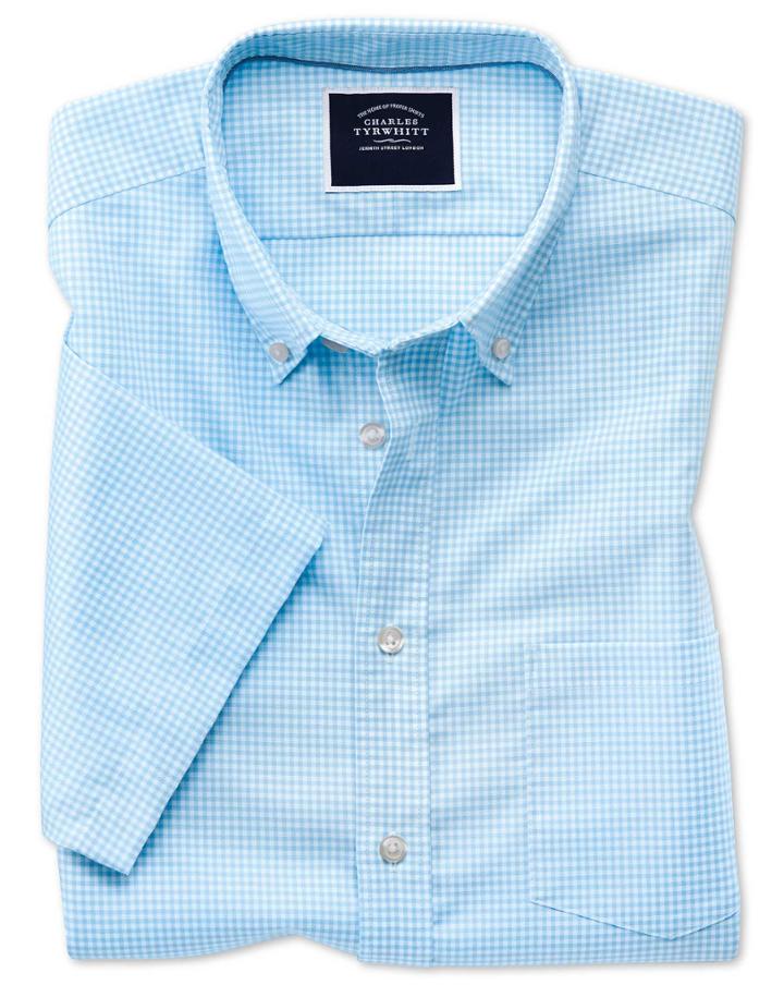  Slim Fit Sky Blue Short Sleeve Gingham Soft Washed Non-iron Stretch Cotton Casual Shirt Single Cuff Size Large By Charles Tyrwhitt