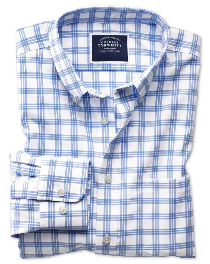  Classic Fit Button-down Non-iron Twill White And Blue Cotton Casual Shirt Single Cuff Size Large By Charles Tyrwhitt