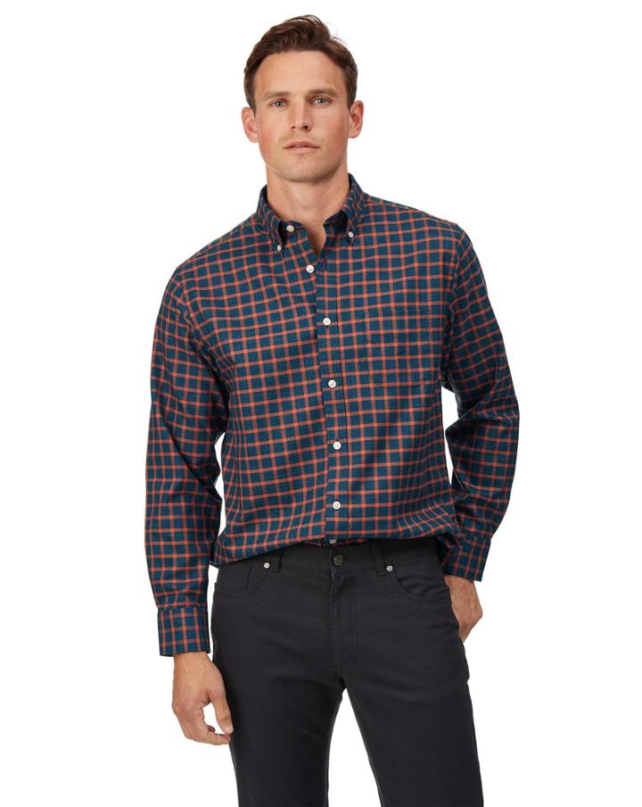  Classic Fit Soft Washed Non-iron Twill Navy And Orange Windowpane Check Cotton Casual Shirt Single Cuff Size Small By Charles Tyrwhitt