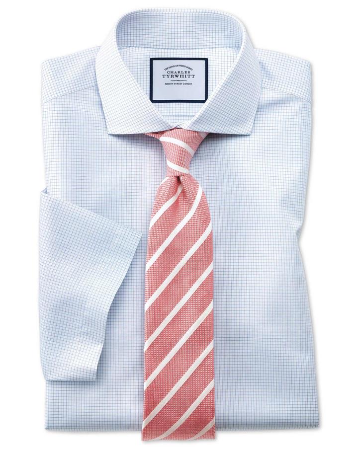 Slim Fit Spread Collar Non-iron Natural Cool Micro Check Blue Cotton Dress Shirt Single Cuff Size 15.5/33 By Charles Tyrwhitt
