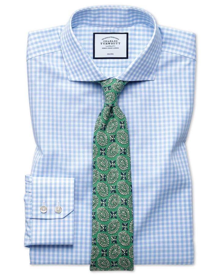  Slim Fit Non-iron Sky Blue Check Tyrwhitt Cool Cotton Dress Shirt Single Cuff Size 14.5/32 By Charles Tyrwhitt