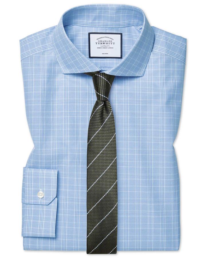  Super Slim Fit Cutaway Collar Non-iron Prince Of Wales Check Sky Blue Cotton Dress Shirt French Cuff Size 14/33 By Charles Tyrwhitt