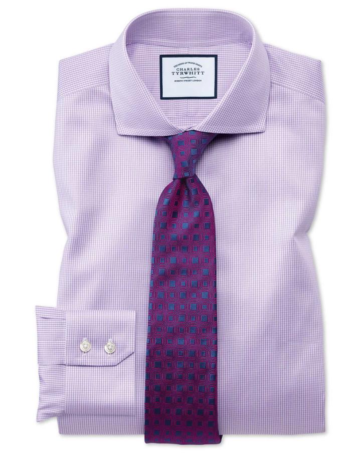 Charles Tyrwhitt Extra Slim Fit Spread Collar Non-iron Puppytooth Lilac Cotton Dress Shirt Single Cuff Size 14.5/32 By Charles Tyrwhitt
