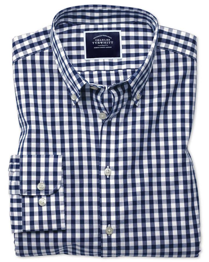  Extra Slim Fit Non-iron Navy Gingham Poplin Cotton Casual Shirt Single Cuff Size Xxl By Charles Tyrwhitt