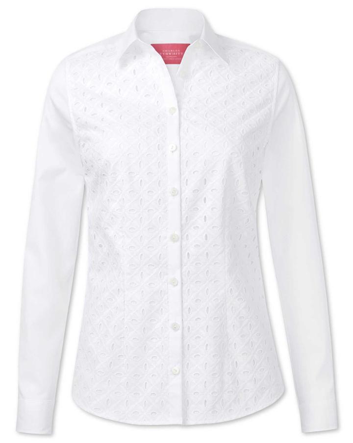 Charles Tyrwhitt Charles Tyrwhitt Women's Semi-fitted White Cutwork Detail Essential Cotton Shirt Size 6