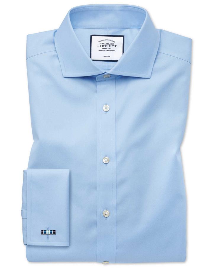  Slim Fit Sky Blue Non-iron Twill Spread Collar Cotton Dress Shirt French Cuff Size 15/34 By Charles Tyrwhitt