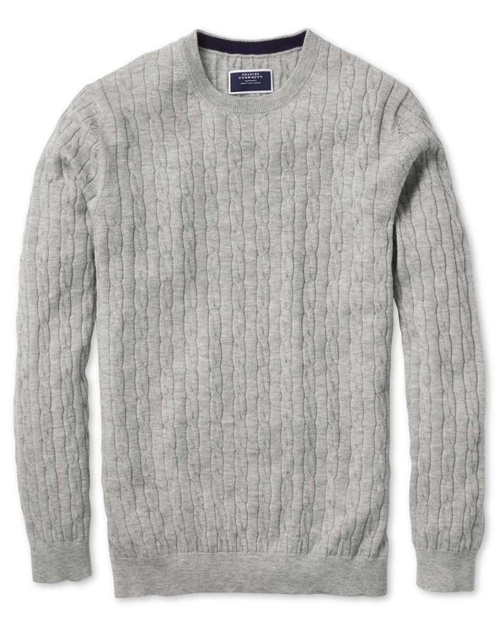  Light Grey Crew Neck Lambswool Cable Knit Sweater Size Xxl By Charles Tyrwhitt