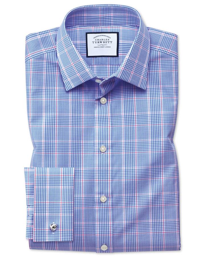 Charles Tyrwhitt Extra Slim Fit Prince Of Wales Check Blue Cotton Dress Shirt French Cuff Size 14.5/32 By Charles Tyrwhitt