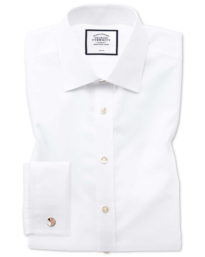  Slim Fit Non-iron White Royal Panama Cotton Dress Shirt Single Cuff Size 15.5/32 By Charles Tyrwhitt