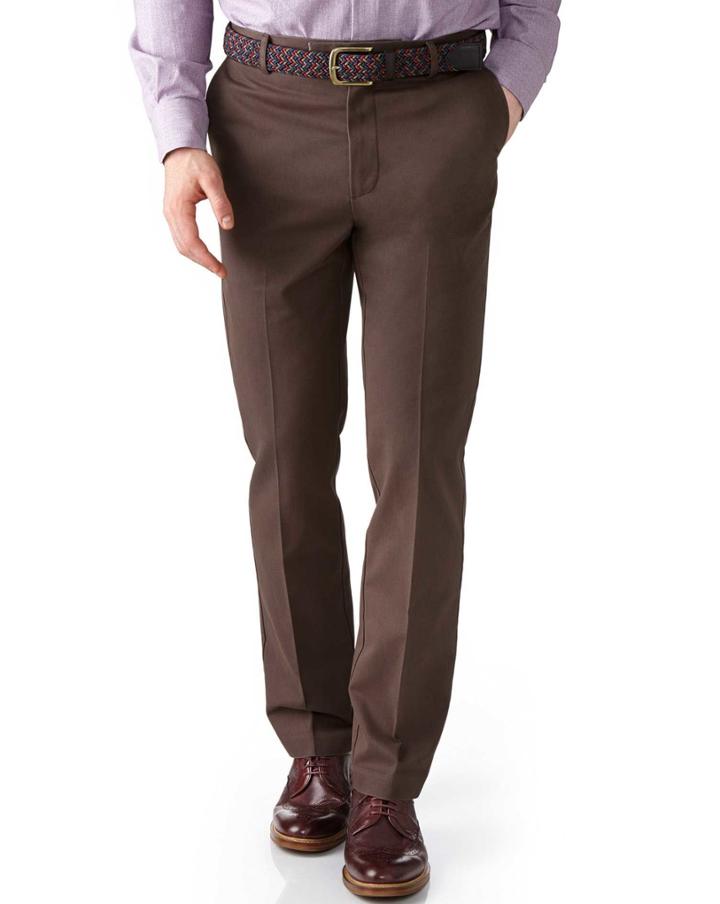 Charles Tyrwhitt Charles Tyrwhitt Dark Brown Slim Fit Flat Front Non-iron Cotton Chino Pants Size W30 L34