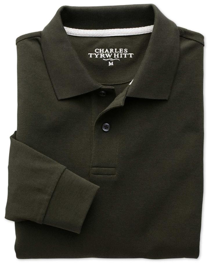 Charles Tyrwhitt Charles Tyrwhitt Dark Green Pique Long Sleeve Cotton Polo Size Large