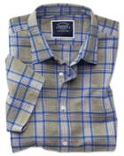 Charles Tyrwhitt Slim Fit Cotton Linen Short Sleeve Khaki Check Casual Shirt Single Cuff Size Large By Charles Tyrwhitt