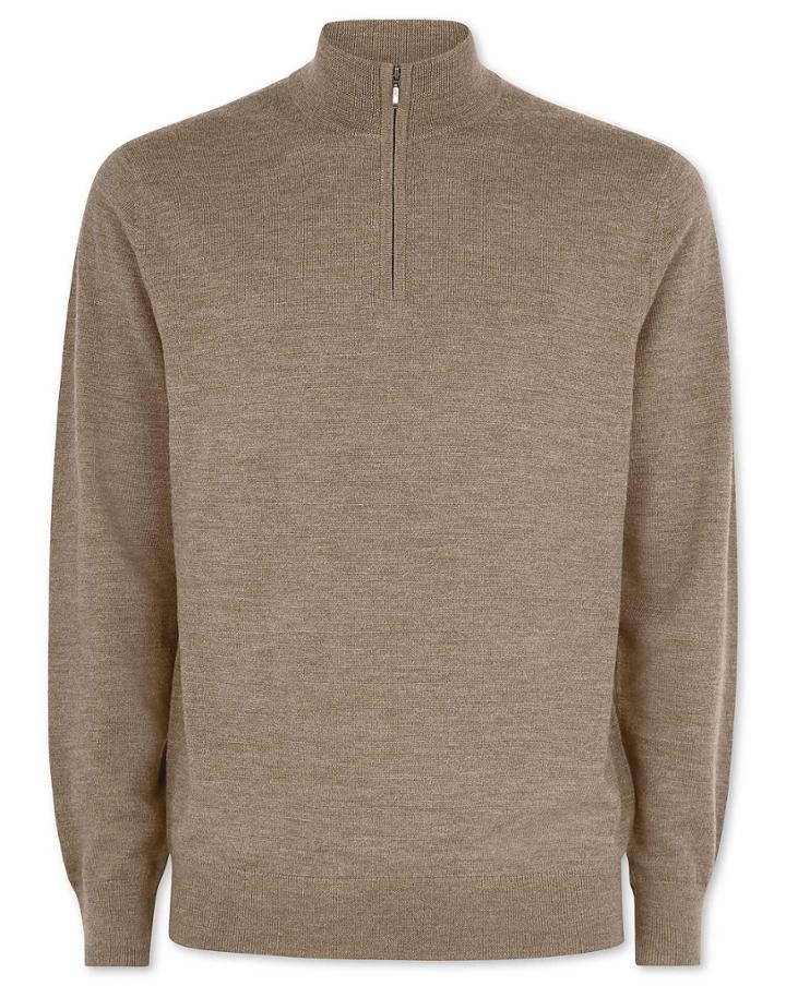  Mocha Merino Zip Neck Wool Sweater Size Large By Charles Tyrwhitt