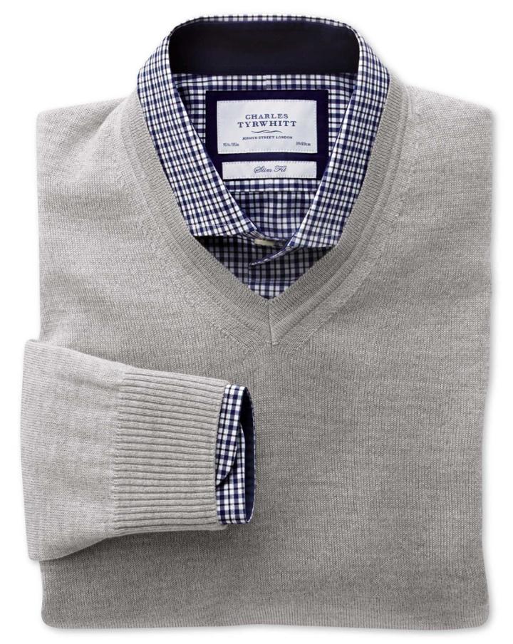 Charles Tyrwhitt Charles Tyrwhitt Silver Merino Wool V-neck Sweater Size Large