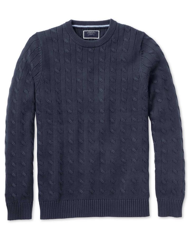  Navy Pima Cotton Cable Crew Neck Sweater Size Large By Charles Tyrwhitt