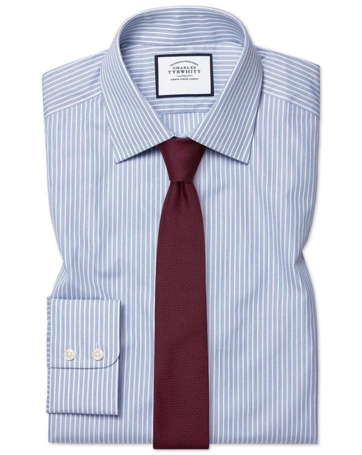  Extra Slim Fit Poplin Fine Stripe Blue Cotton Dress Shirt Single Cuff Size 14.5/32 By Charles Tyrwhitt