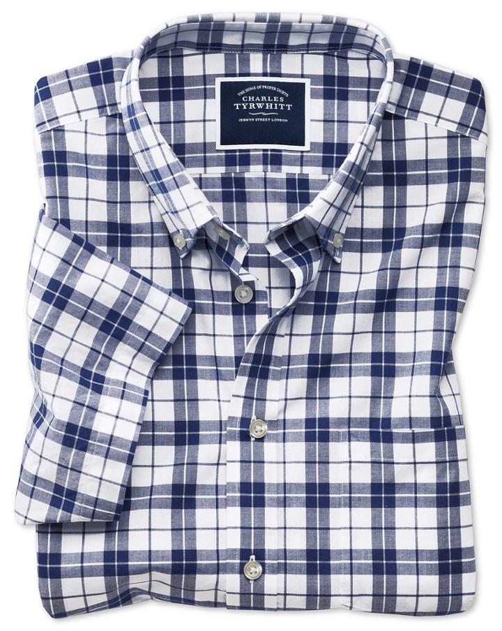  Classic Fit Poplin Short Sleeve Navy And White Cotton Casual Shirt Single Cuff Size Small By Charles Tyrwhitt