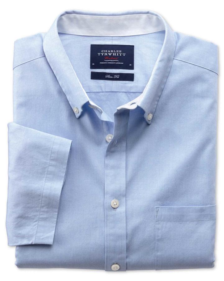 Charles Tyrwhitt Charles Tyrwhitt Slim Fit Sky Blue Short Sleeve Washed Oxford Cotton Dress Shirt Size Large