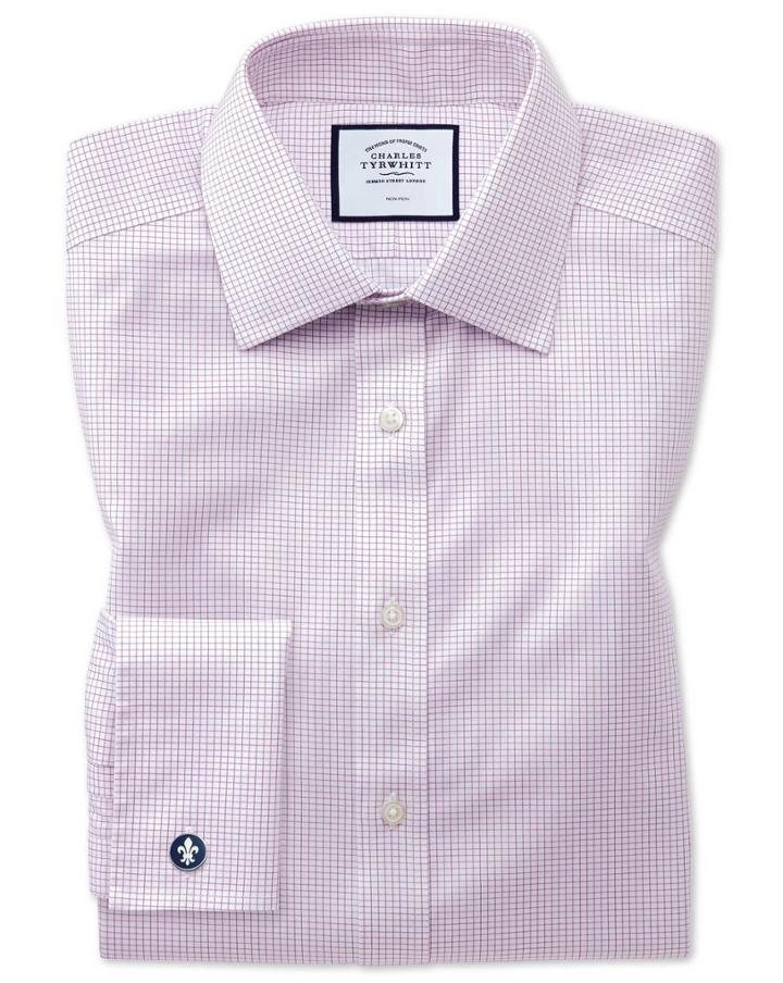  Slim Fit Non-iron Twill Mini Grid Check Purple Cotton Dress Shirt French Cuff Size 14.5/33 By Charles Tyrwhitt