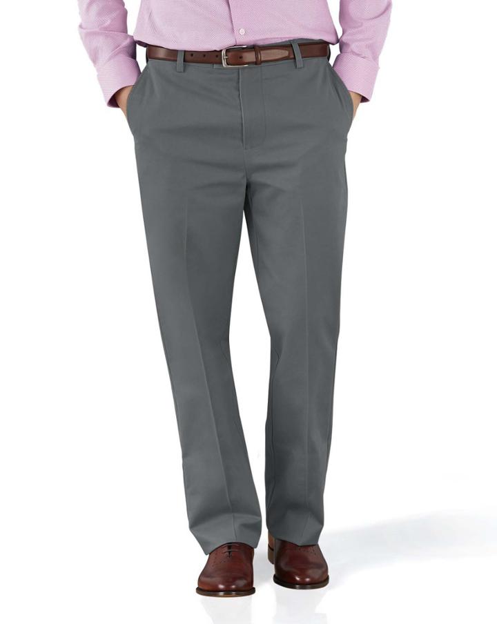  Grey Classic Fit Flat Front Non-iron Cotton Chino Pants Size W32 L30 By Charles Tyrwhitt