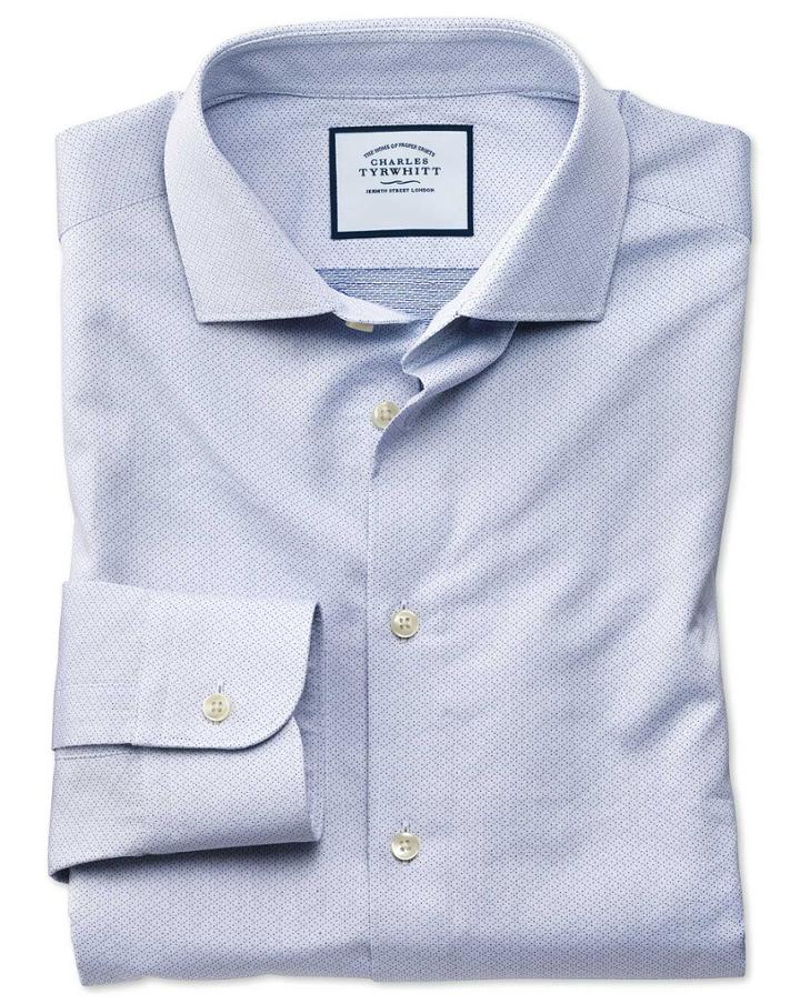  Slim Fit Business Casual Blue Diamond Dobby Egyptian Cotton Dress Shirt Single Cuff Size 14.5/32 By Charles Tyrwhitt