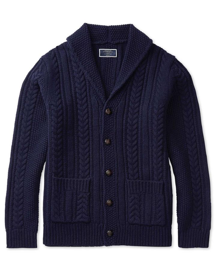  Navy Chunky Cable Lambswool Shawl Neck Cardigan Size Large By Charles Tyrwhitt