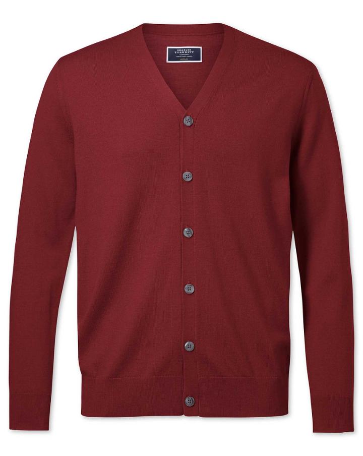  Dark Red Merino Merino Wool Cardigan Size Medium By Charles Tyrwhitt