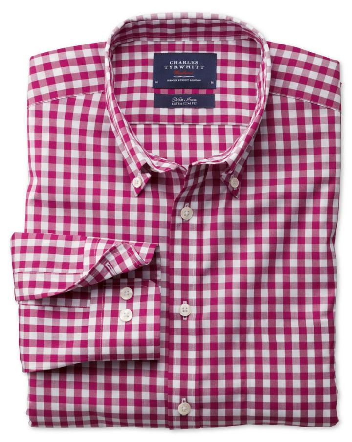 Charles Tyrwhitt Charles Tyrwhitt Extra Slim Fit Non-iron Poplin Red Check Cotton Dress Shirt Size Large