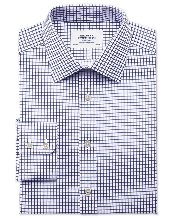 Charles Tyrwhitt Classic Fit Twill Grid Check Navy Cotton Dress Shirt Single Cuff Size 17.5/34 By Charles Tyrwhitt